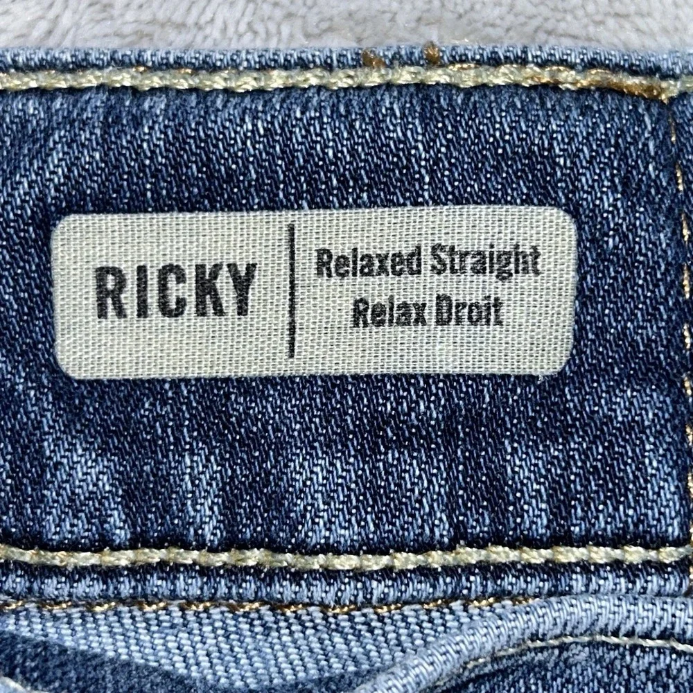 VTG True Religion Jeans Mens 42x33 Blue Ricky Distressed Stitch Flap Y2K USA